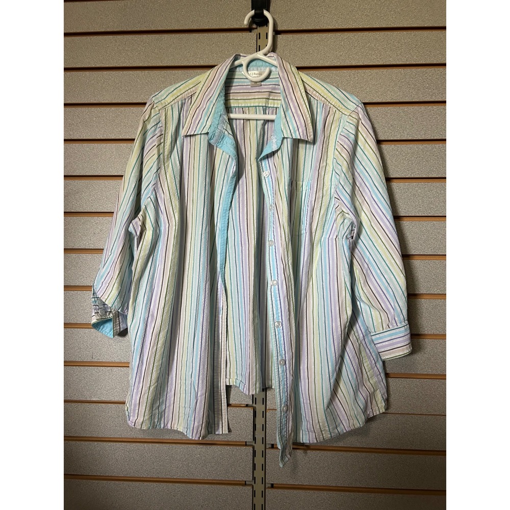 CJ Banks Womens 2X Striped Button Down Shirt 3/4 Sleeve Metallic Blue Multi